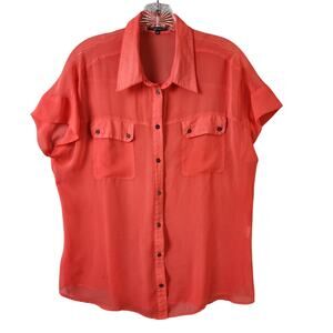 Onotnight Coral Button-Up Blouse Size 10 Red Short Sleeve Semi-Sheer